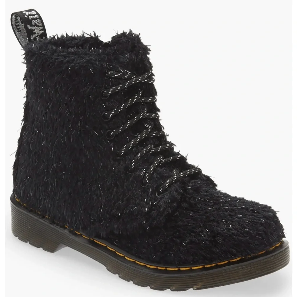 New Dr. Martens 1460 Pascal Black Tinsel Faux Fur Boots Size 4, Youth Kids Shoes